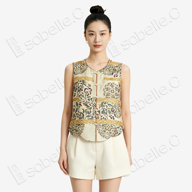 Silver Gilded Baoxiang Medallion Tang Brocade Waistcoat - 「銀鎏團寶」唐錦馬甲
