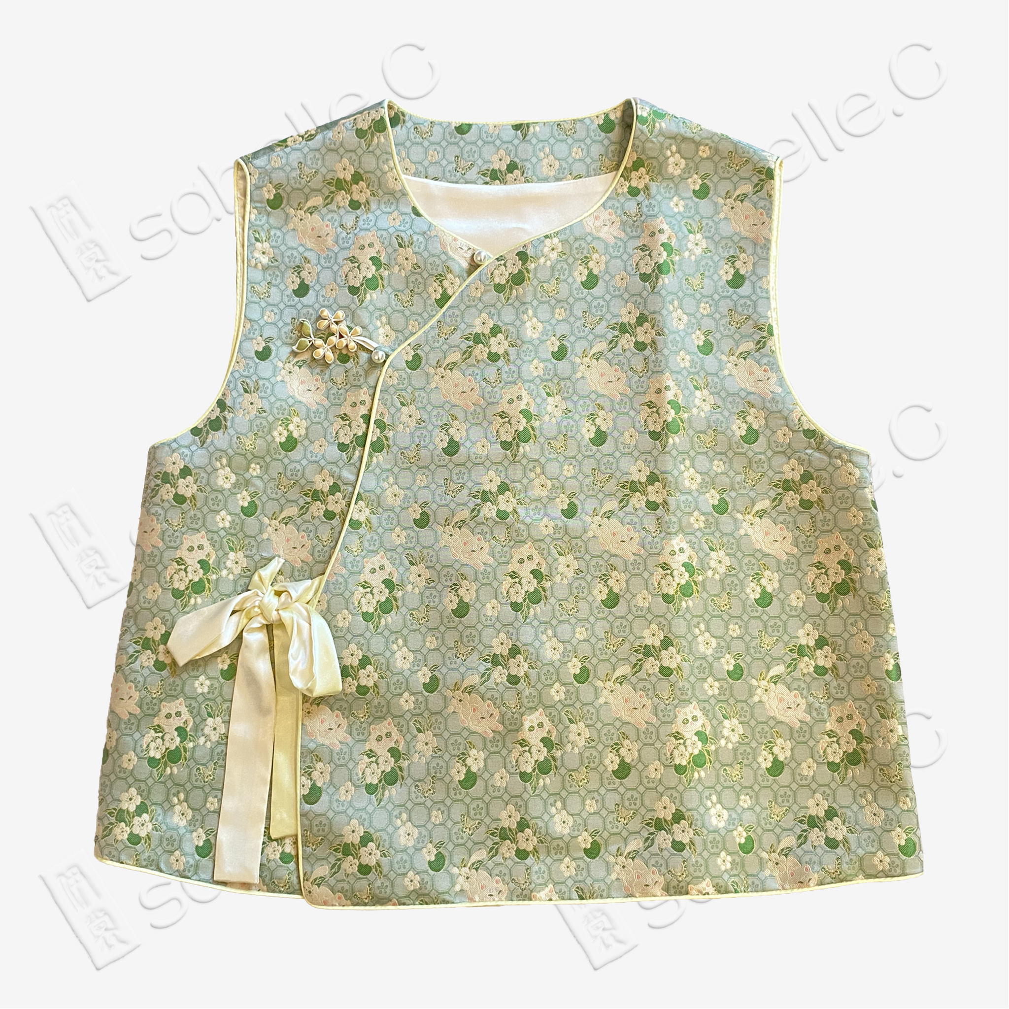 Smoky Cyan Moon Hare Song Brocade Vest - 「翠煙月兔」宋錦馬甲