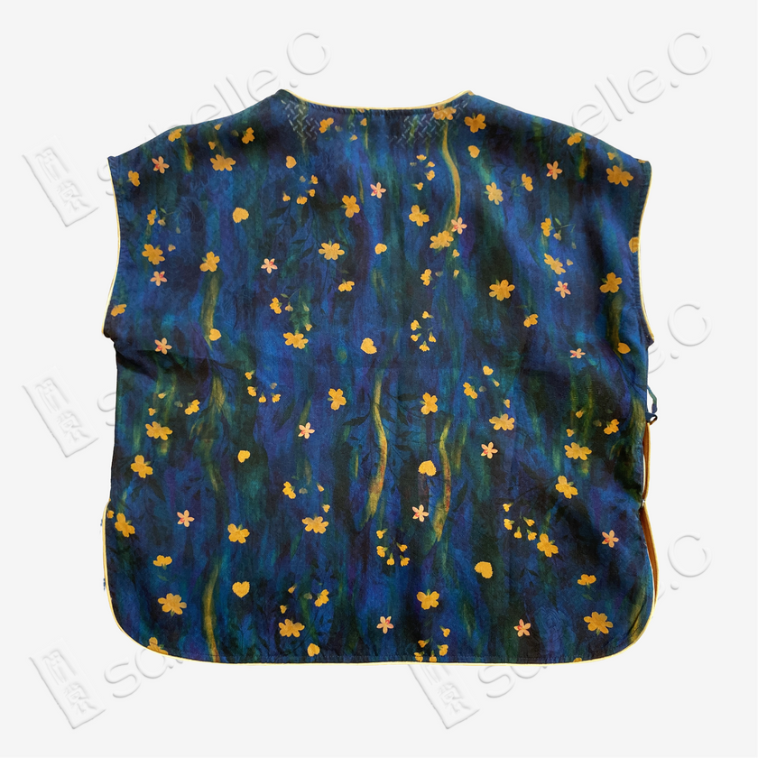 Ink Blue Oil Painting Floral Red Cloud Silk Blouse - 墨藍油彩碎花紅雲紗上衣