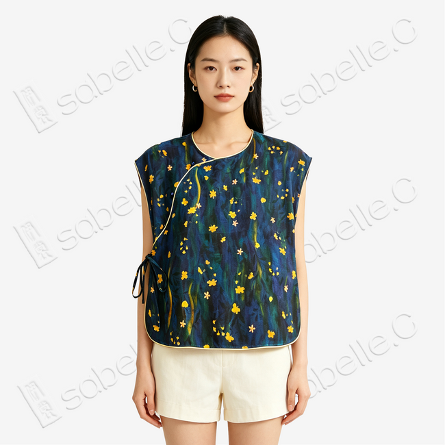 Ink Blue Oil Painting Floral Red Cloud Silk Blouse - 墨藍油彩碎花紅雲紗上衣