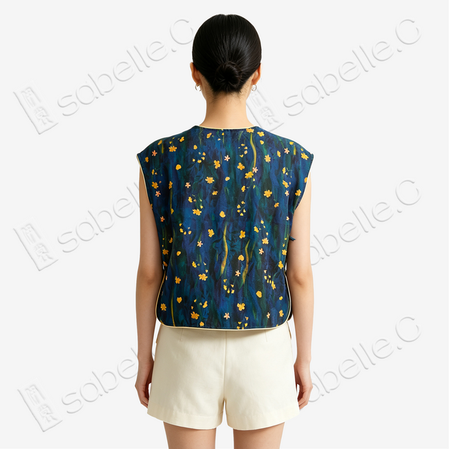 Ink Blue Oil Painting Floral Red Cloud Silk Blouse - 墨藍油彩碎花紅雲紗上衣