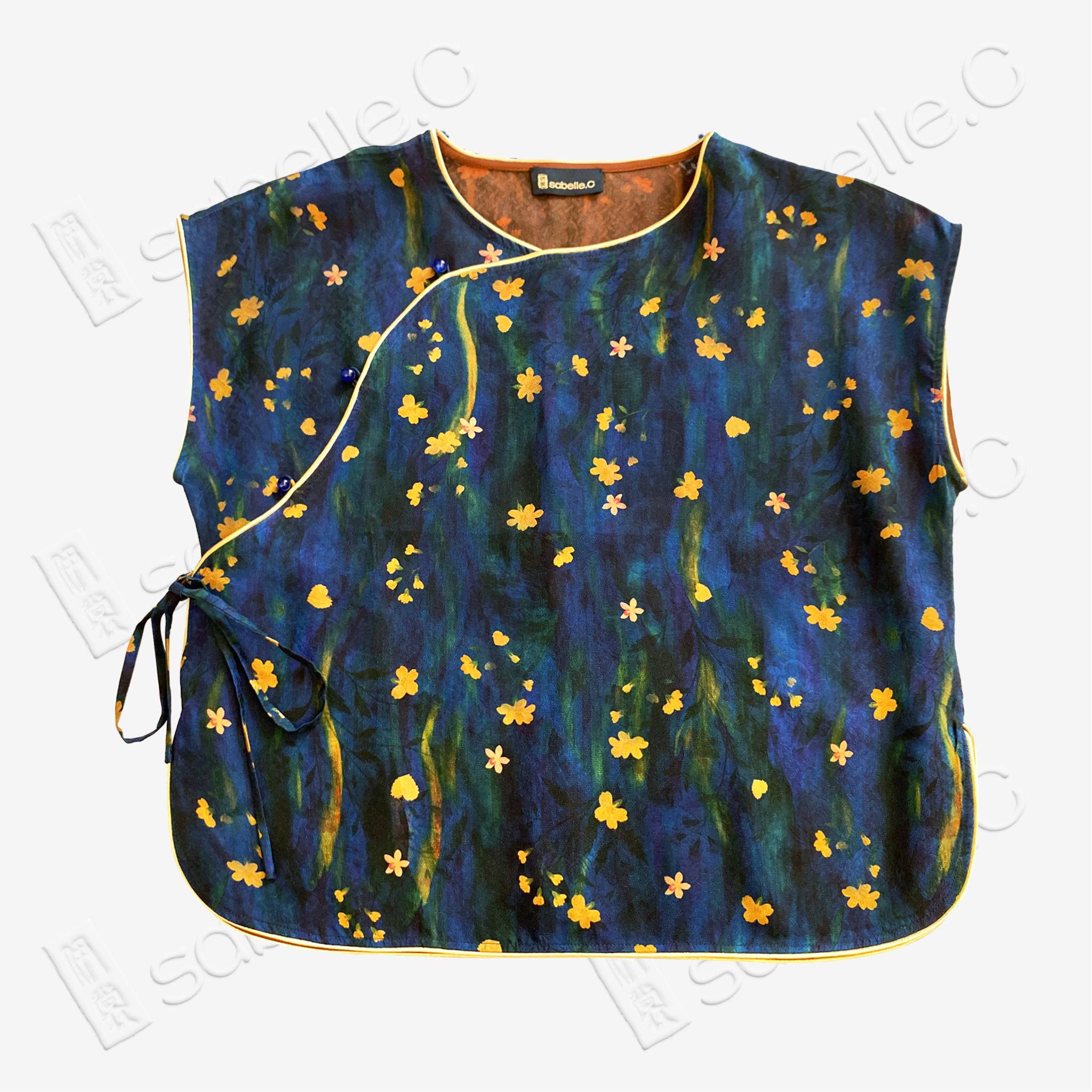 Ink Blue Oil Painting Floral Red Cloud Silk Blouse - 墨藍油彩碎花紅雲紗上衣
