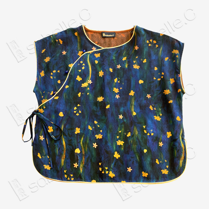 Ink Blue Oil Painting Floral Red Cloud Silk Blouse - 墨藍油彩碎花紅雲紗上衣