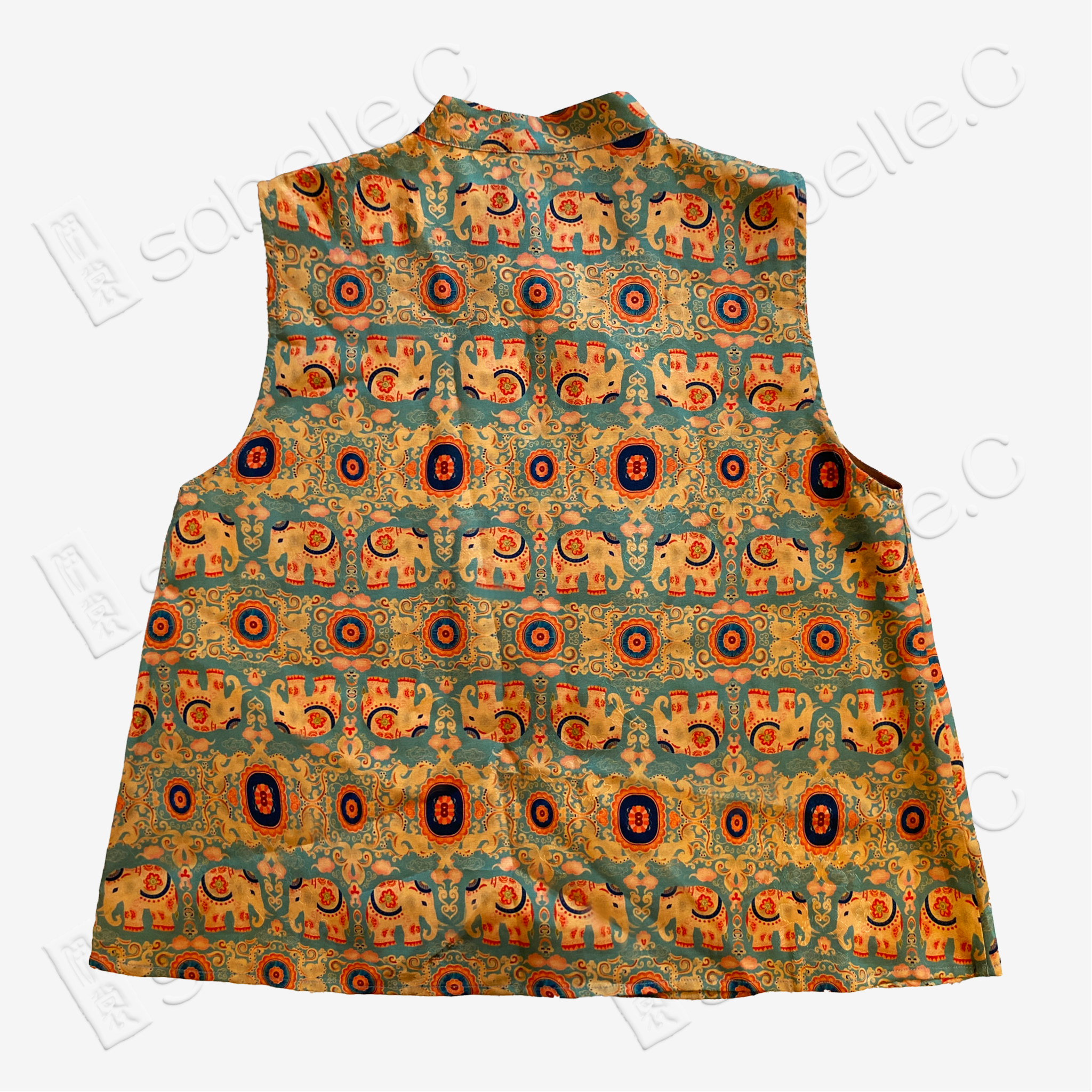 Cyan Base Auspicious Elephant Motif Gambiered Canton Silk Waistcoat - 「青底吉象」紅雲紗馬甲