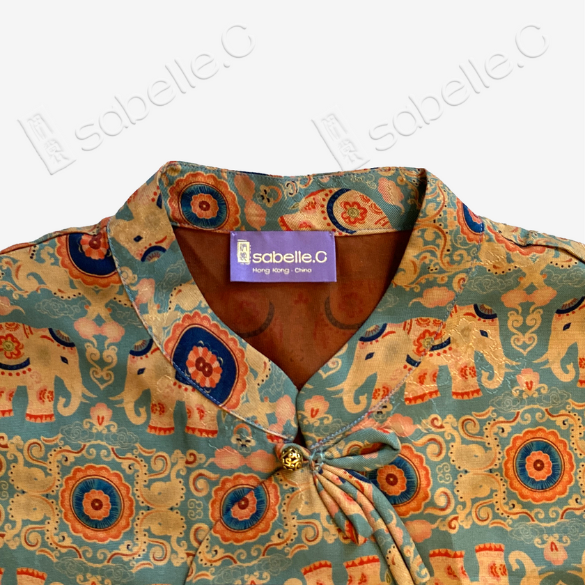 Cyan Base Auspicious Elephant Motif Gambiered Canton Silk Waistcoat - 「青底吉象」紅雲紗馬甲