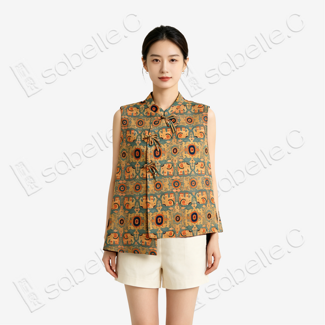 Cyan Base Auspicious Elephant Motif Gambiered Canton Silk Waistcoat - 「青底吉象」紅雲紗馬甲