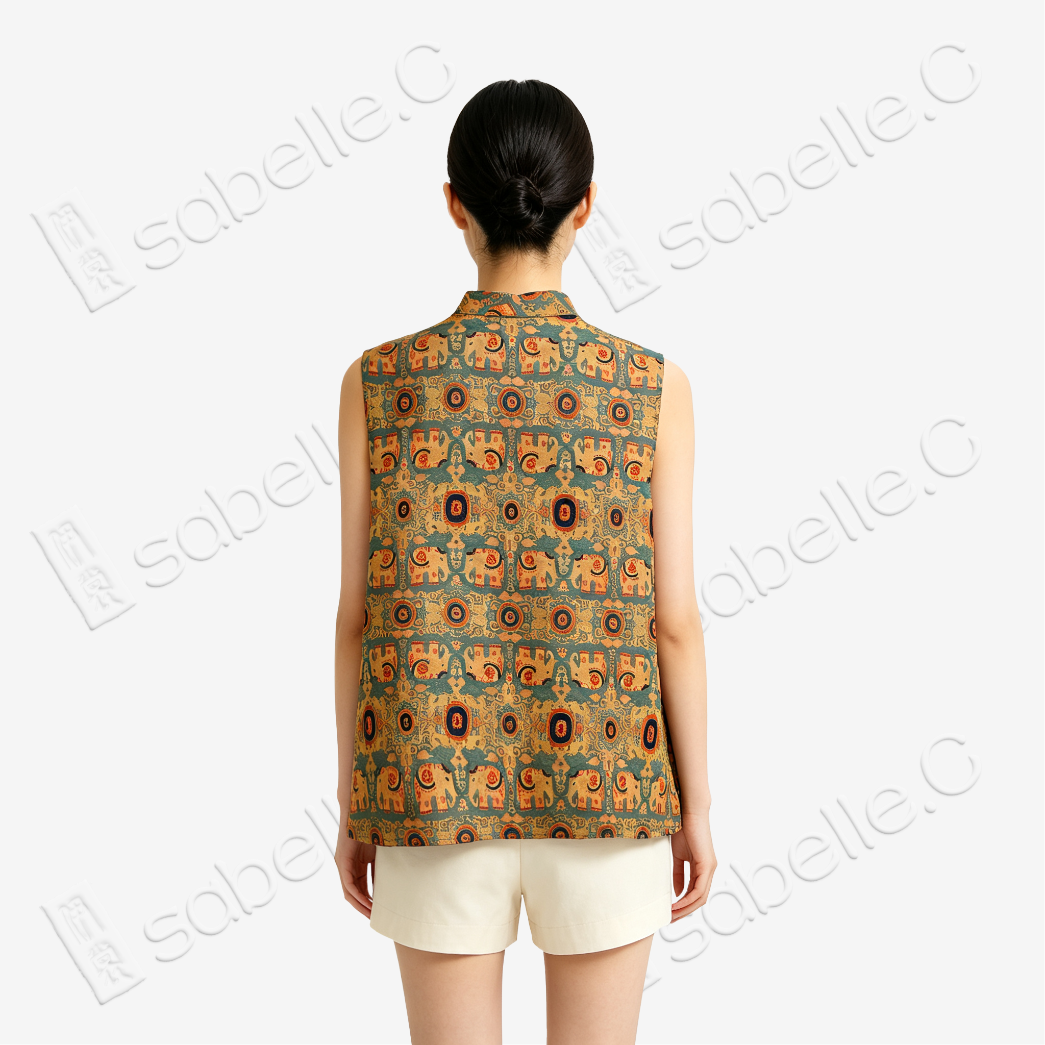 Cyan Base Auspicious Elephant Motif Gambiered Canton Silk Waistcoat - 「青底吉象」紅雲紗馬甲