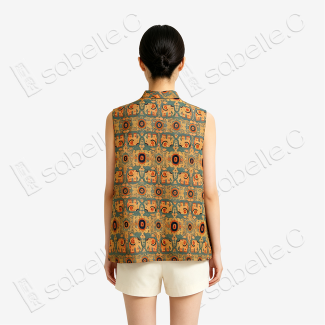 Cyan Base Auspicious Elephant Motif Gambiered Canton Silk Waistcoat - 「青底吉象」紅雲紗馬甲