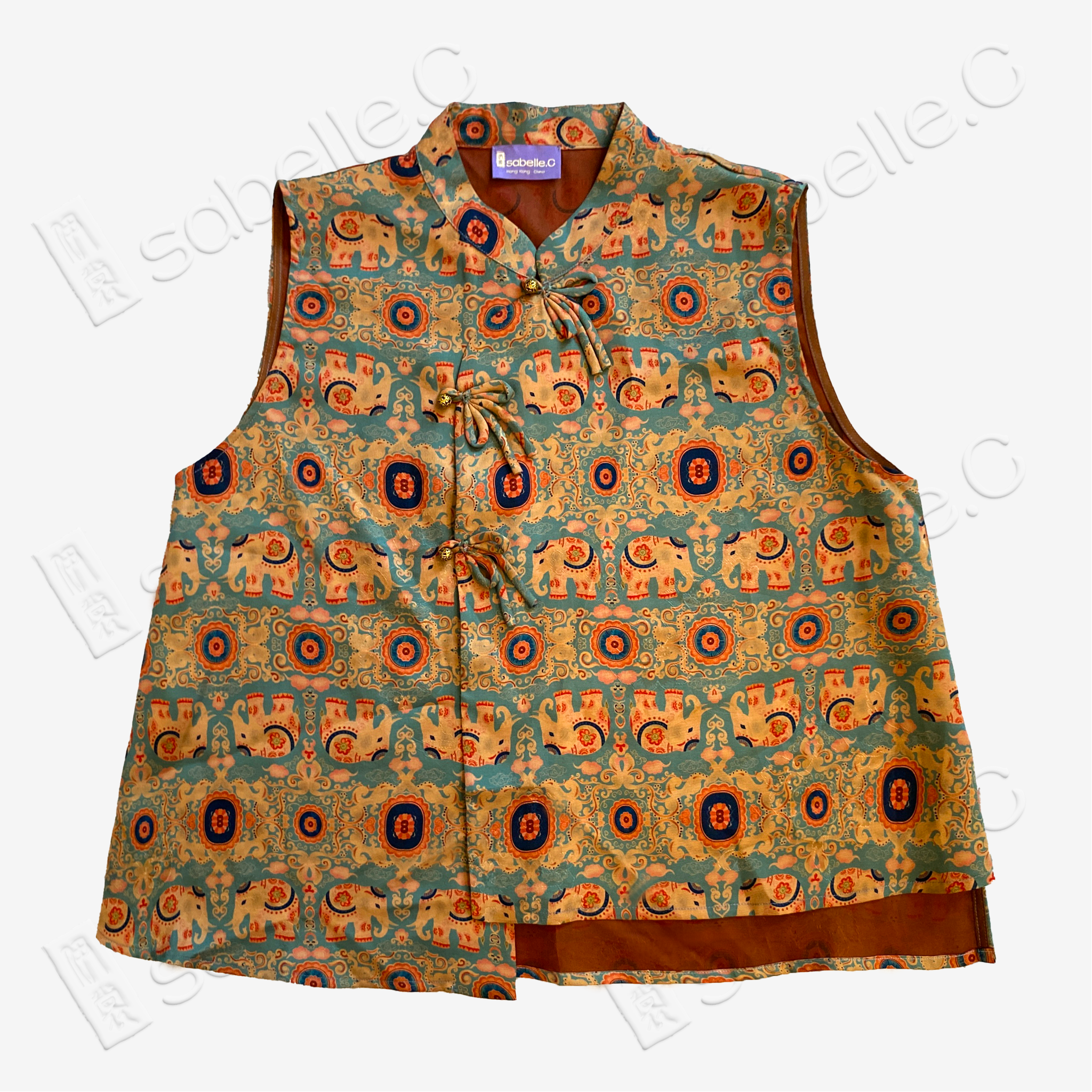 Cyan Base Auspicious Elephant Motif Gambiered Canton Silk Waistcoat - 「青底吉象」紅雲紗馬甲