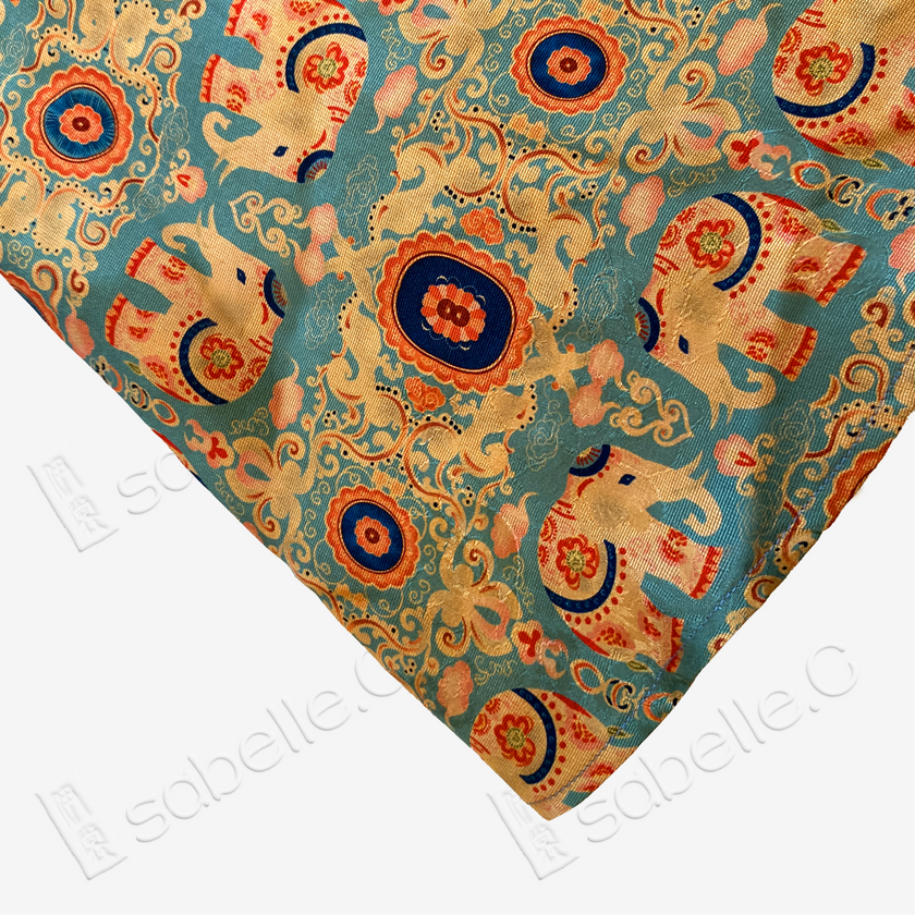 Cyan Base Auspicious Elephant Motif Gambiered Canton Silk Waistcoat - 「青底吉象」紅雲紗馬甲