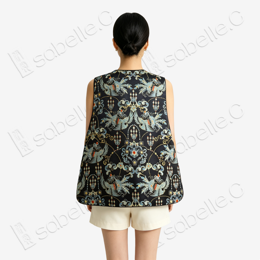 Song Brocade Vest - 「玄綢鳳禧」宋錦馬甲