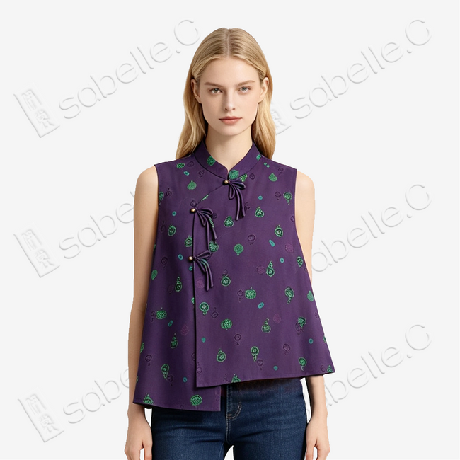 Crimson Purple Fortune & Blessing Gambiered Canton Silk Vest - 绛紫福祿紅雲紗馬甲