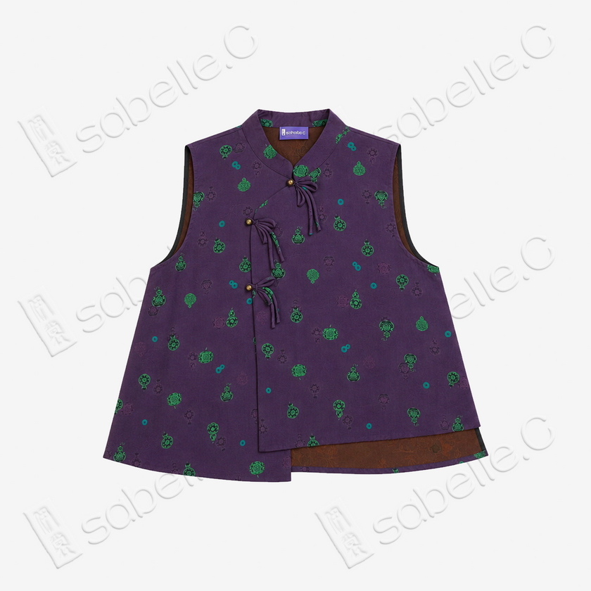 Crimson Purple Fortune & Blessing Gambiered Canton Silk Vest - 绛紫福祿紅雲紗馬甲