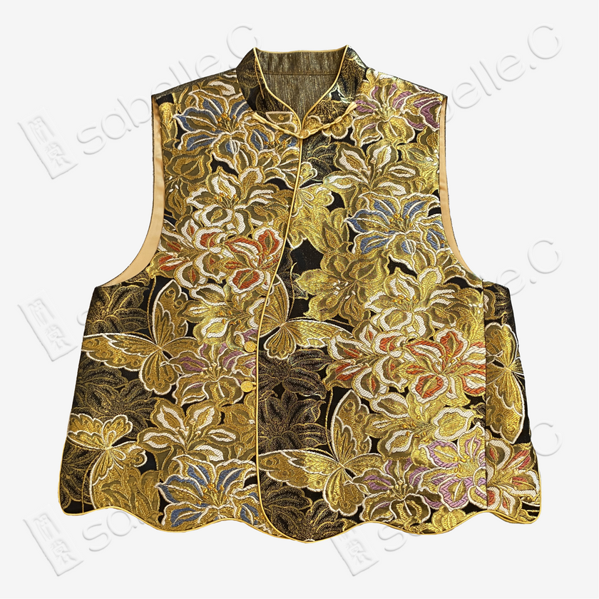 Jet Black Gilded Butterfly Tang Brocade Vest - 「玄底金蝶」唐錦馬甲