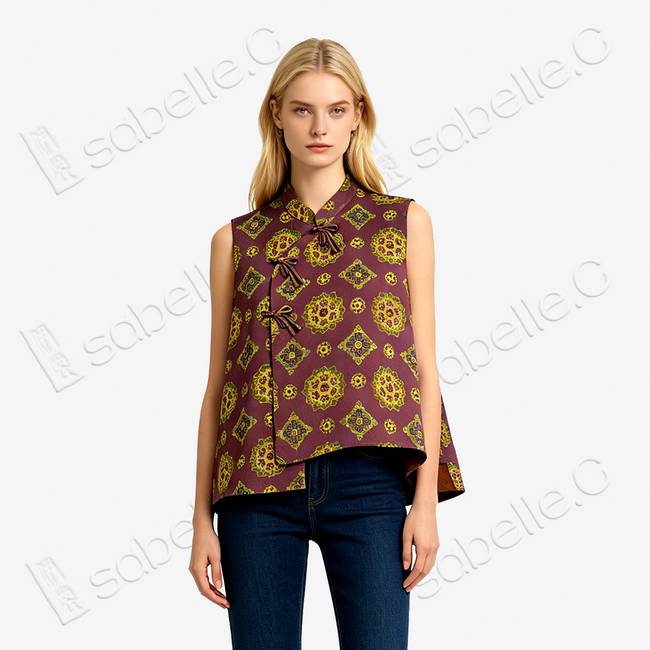 Sandalwood Purple Floral Medallion Gambiered Canton Silk Waistcoat - 「檀紫團花」紅雲紗馬甲
