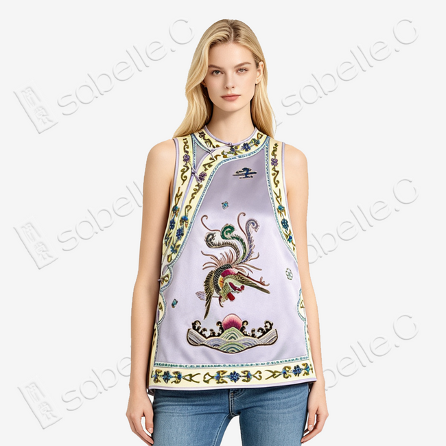 Lilac Purple Phoenix Vintage Embroidered Vintage Silk Satin Waistcoat - 「煙紫丹鳳」老繡真絲老緞馬甲