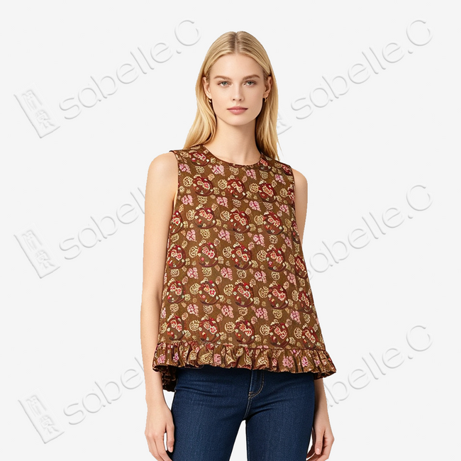 Rust Brown Floral Medallion Shu Brocade Sleeveless Top - 「赭褐團花」蜀錦上衣
