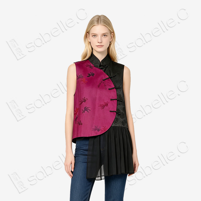 Magenta Black Goldfish Vintage Silk Vest - 「玫墨游魚」老繡馬甲