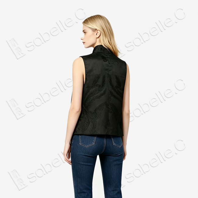 Magenta Black Goldfish Vintage Silk Vest - 「玫墨游魚」老繡馬甲