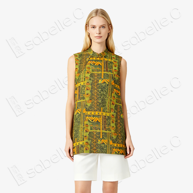 Moss Gold Geometric Gambiered Canton Silk Vest - 「苔金幾何」香雲紗馬甲