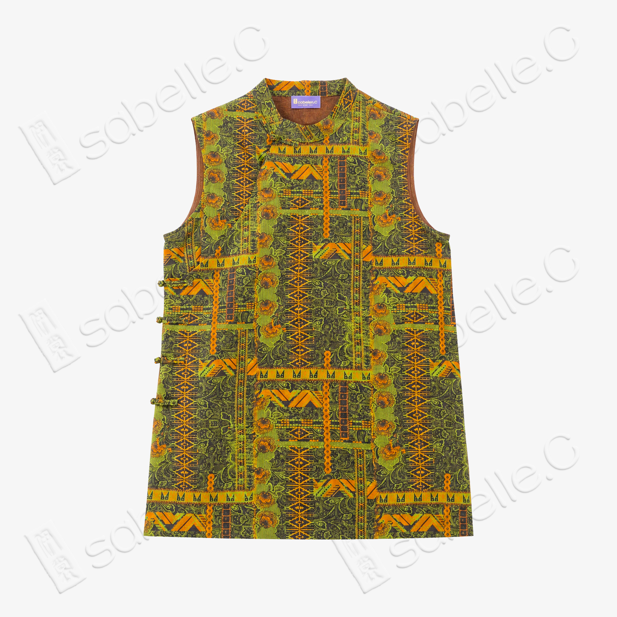 Moss Gold Geometric Gambiered Canton Silk Vest - 「苔金幾何」香雲紗馬甲