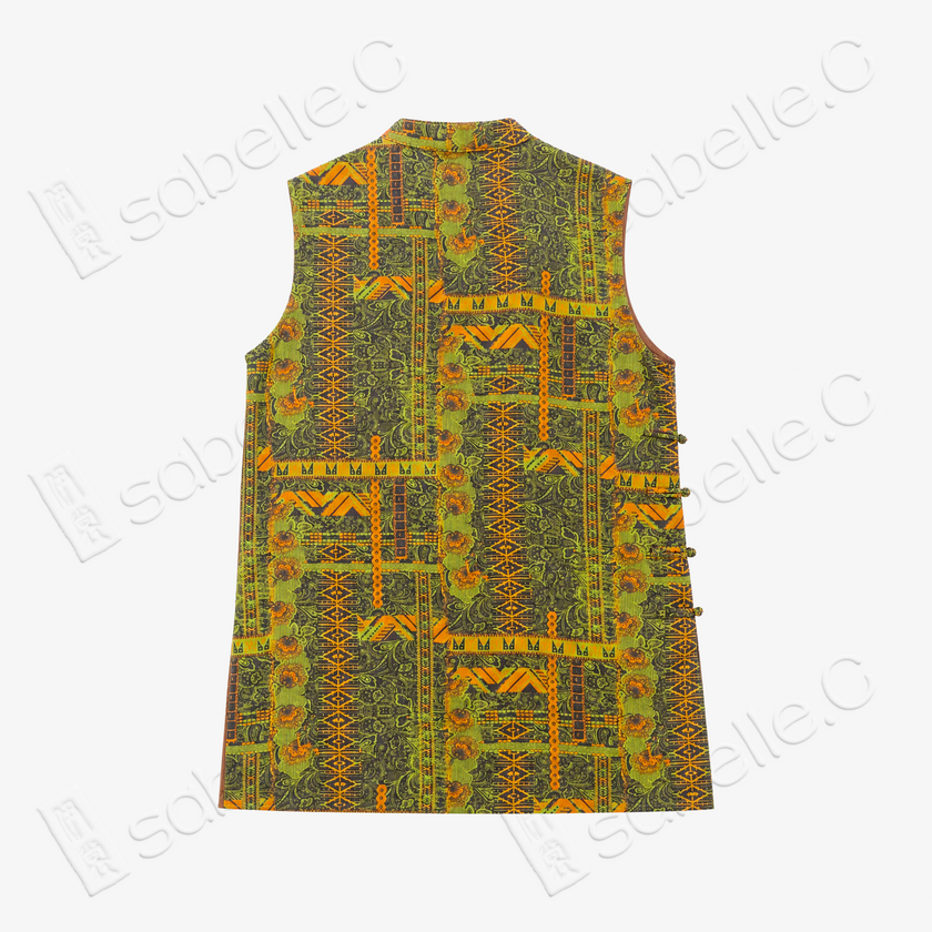 Moss Gold Geometric Gambiered Canton Silk Vest - 「苔金幾何」香雲紗馬甲