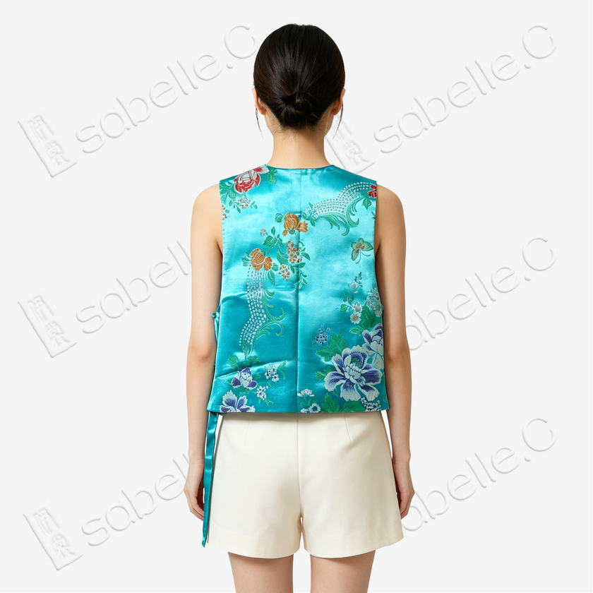 Vintage Silk Brocade Vest - 「翠瀾蝶敘」古董真絲老織錦馬甲