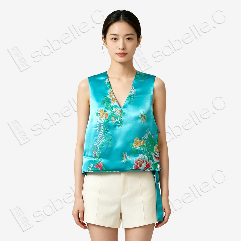 Vintage Silk Brocade Vest - 「翠瀾蝶敘」古董真絲老織錦馬甲