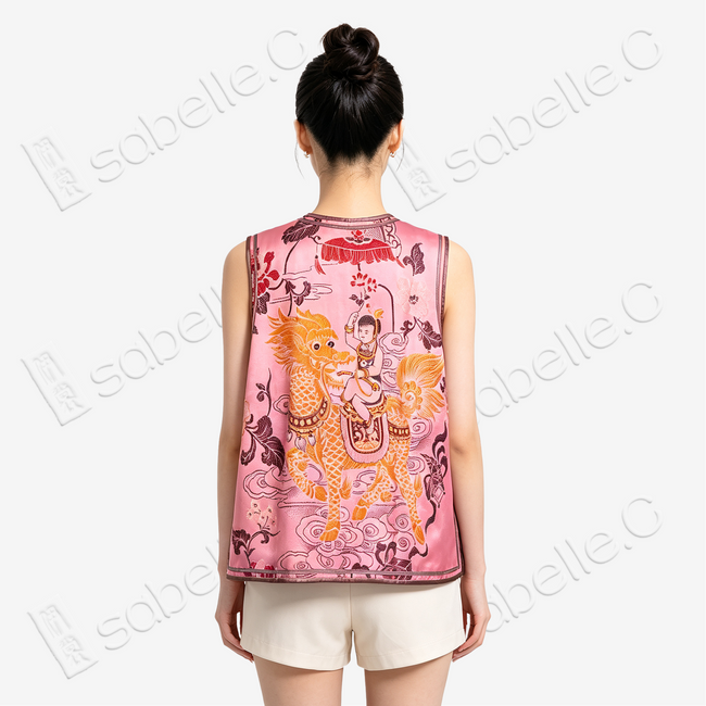 Blush Rouge Phoenix Auspicious Vintage Silk Brocade Waistcoat - 「胭霞鳳儀」真絲老織錦馬甲