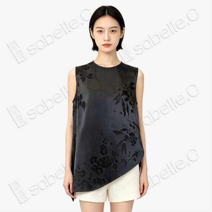 Vintage Silk Vest - 「玄墨梅翎」古董真絲斜裁馬甲