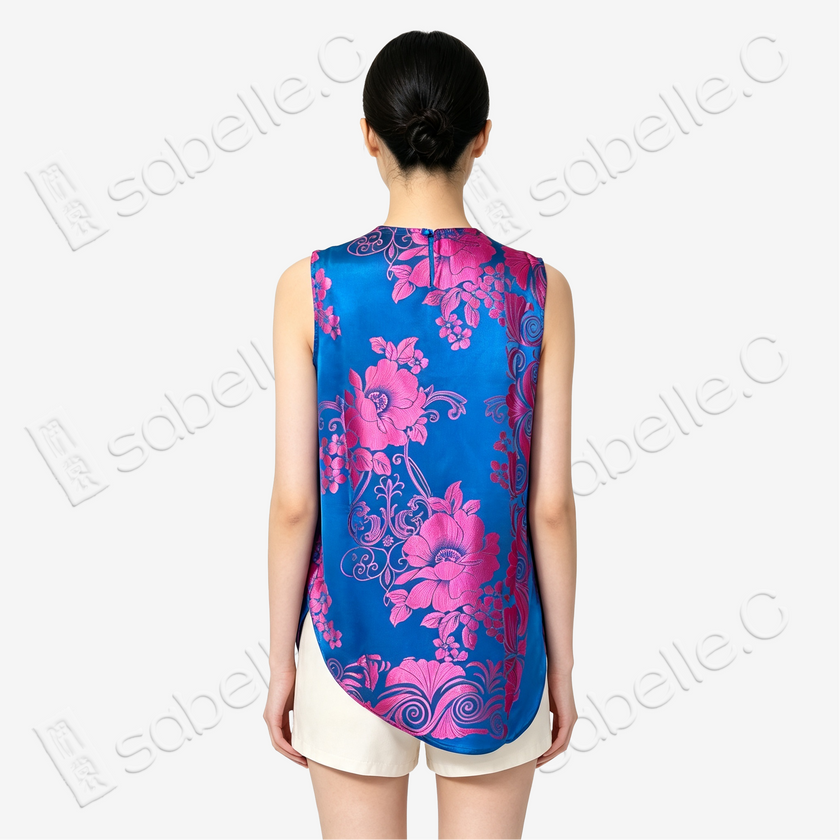 Vintage Silk Vest - 「緋棠藍韻」古董真絲斜裁馬甲