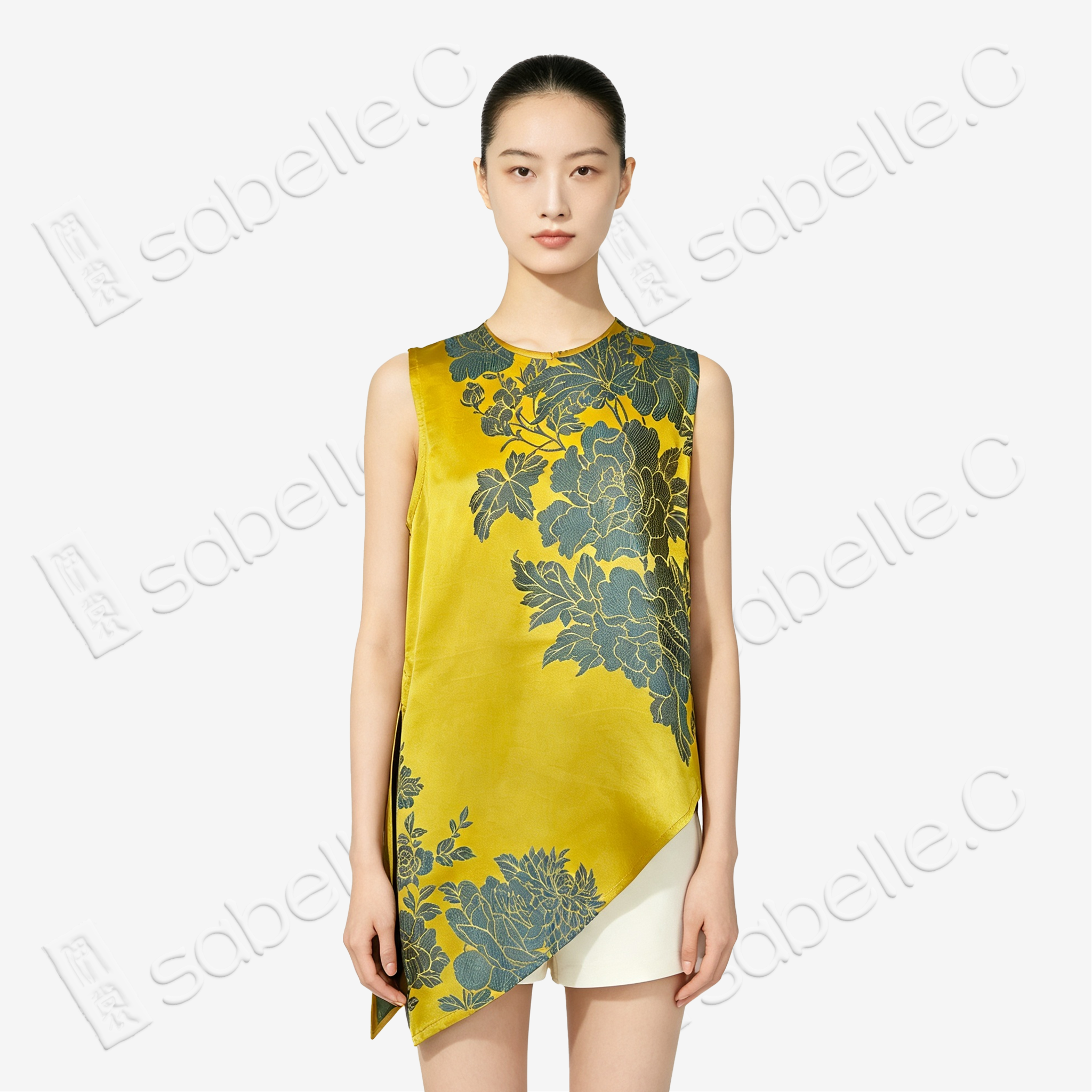 Vintage Silk Vest - 「金庭艷芍」古董真絲斜裁馬甲