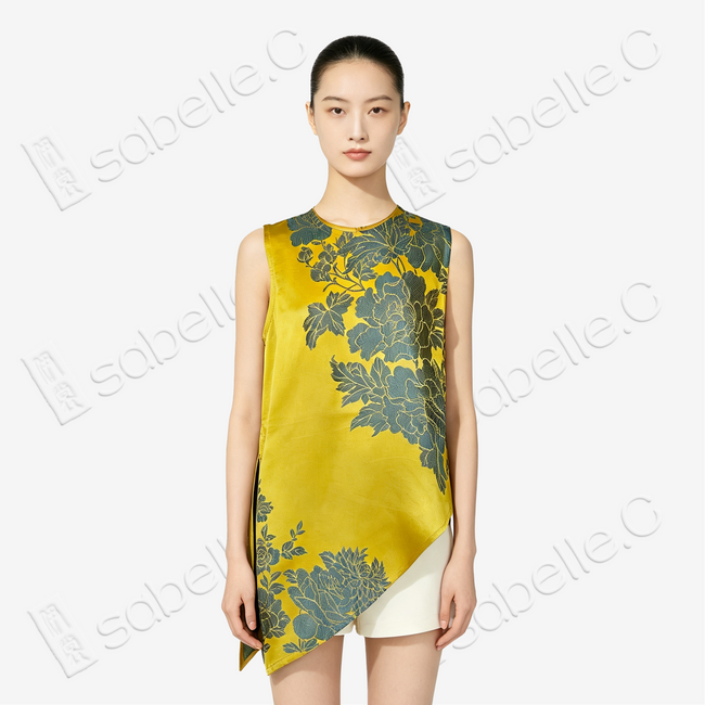 Vintage Silk Vest - 「金庭艷芍」古董真絲斜裁馬甲