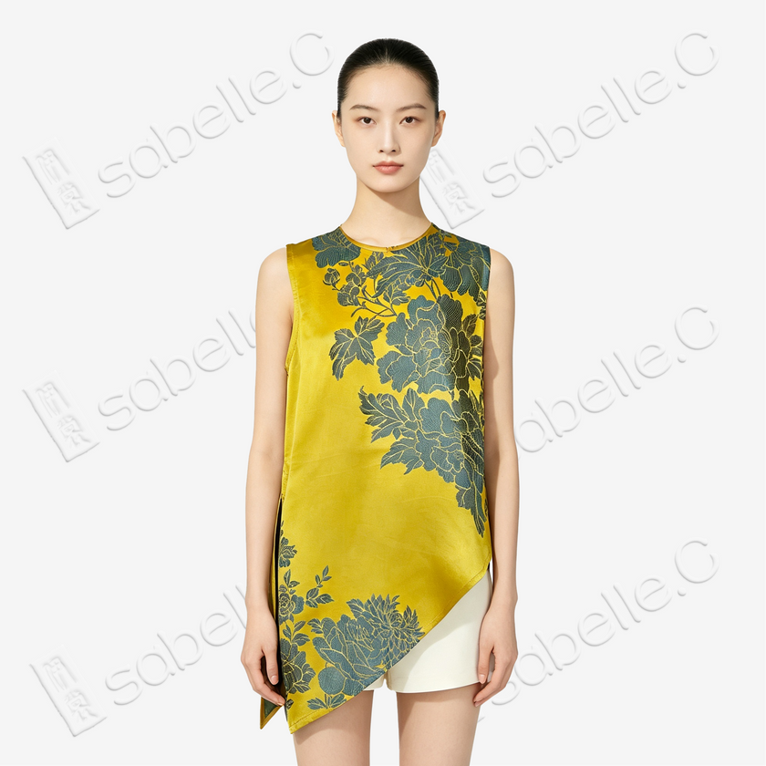 Vintage Silk Vest - 「金庭艷芍」古董真絲斜裁馬甲