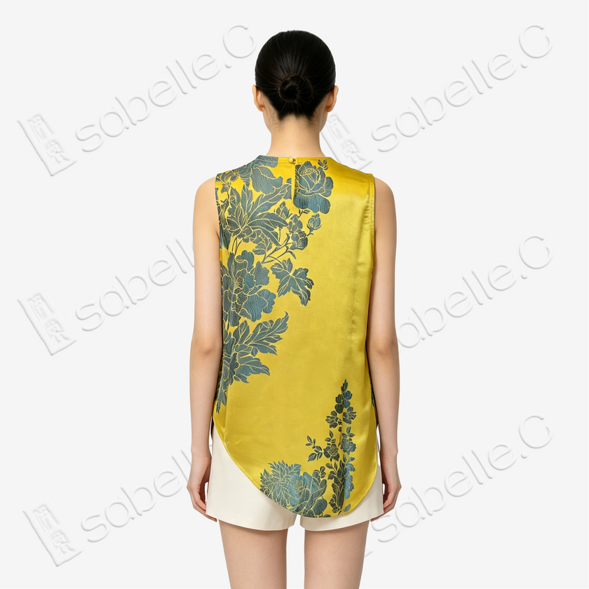Vintage Silk Vest - 「金庭艷芍」古董真絲斜裁馬甲
