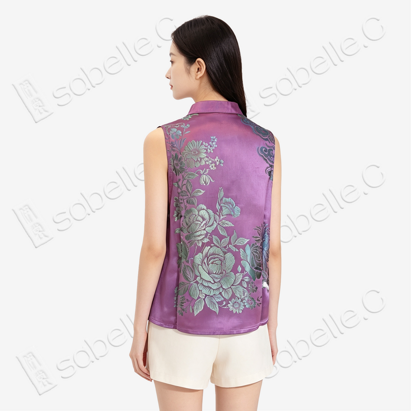 Vintage Silk‑Satin Stand‑Collar Sleeveless Top - 古董真絲老緞無袖上衣