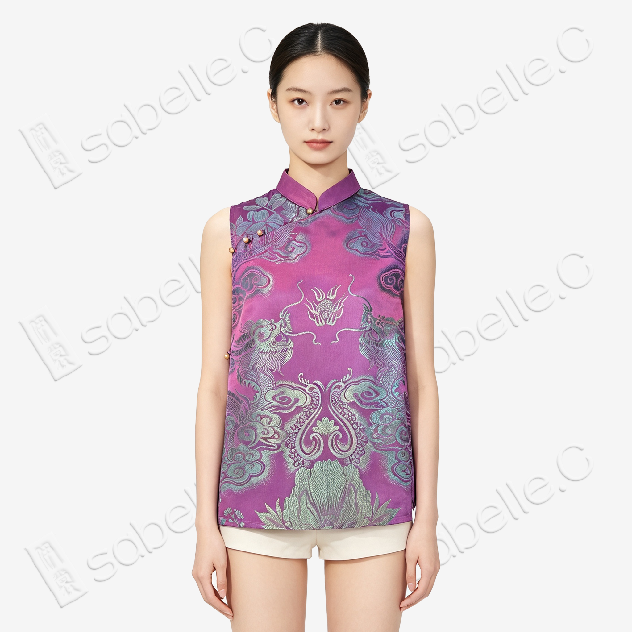 Vintage Silk‑Satin Stand‑Collar Sleeveless Top - 古董真絲老緞無袖上衣