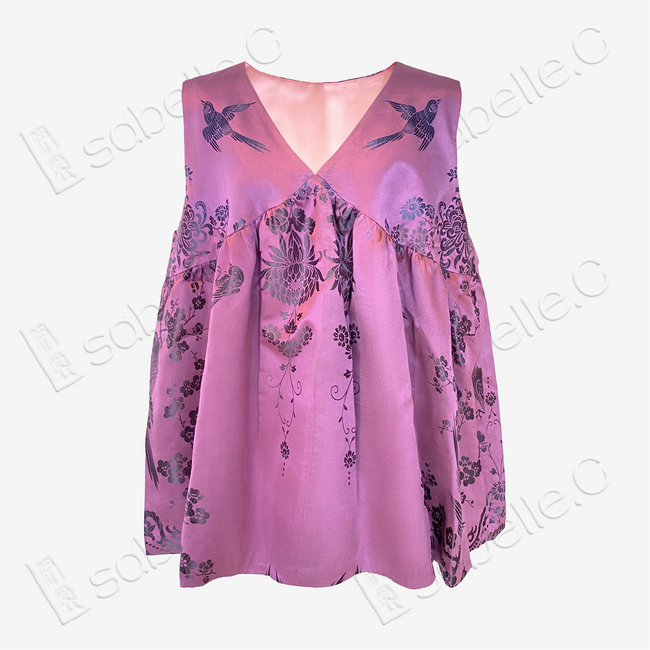 Vintage Silk‑Satin Bird‑Floral Top - 古董真絲老緞娃娃衫