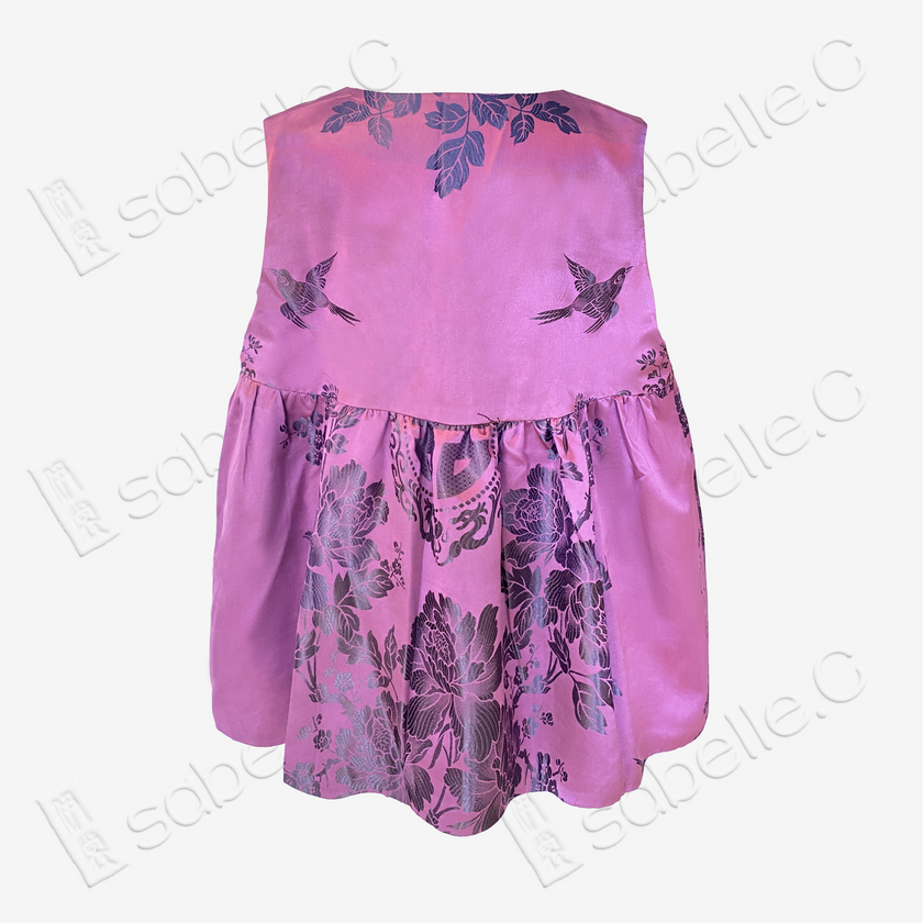 Vintage Silk‑Satin Bird‑Floral Top - 古董真絲老緞娃娃衫