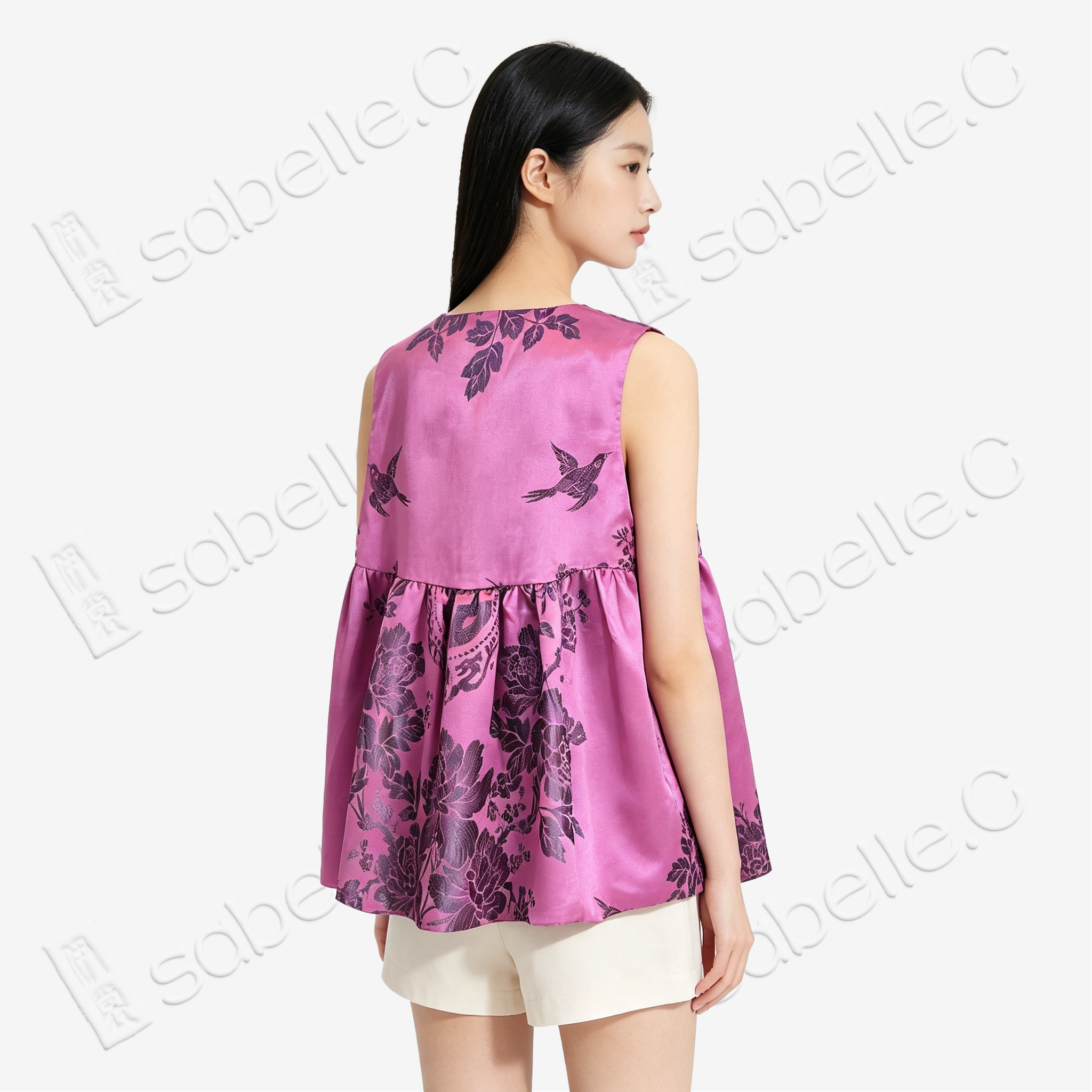 Vintage Silk‑Satin Bird‑Floral Top - 古董真絲老緞娃娃衫