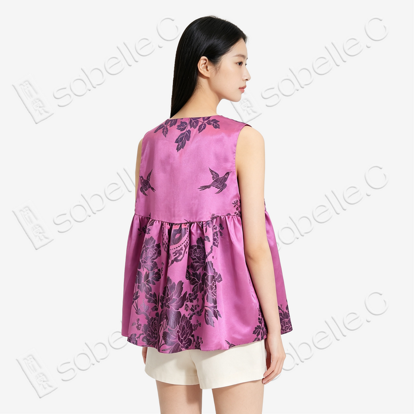 Vintage Silk‑Satin Bird‑Floral Top - 古董真絲老緞娃娃衫