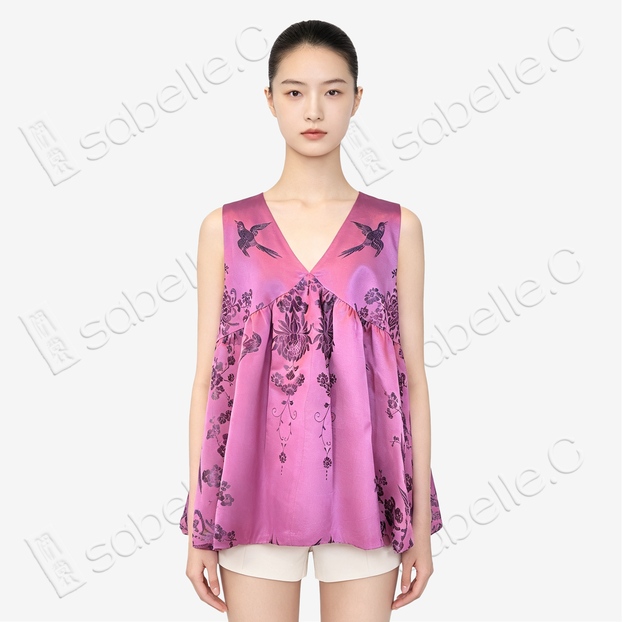 Vintage Silk‑Satin Bird‑Floral Top - 古董真絲老緞娃娃衫