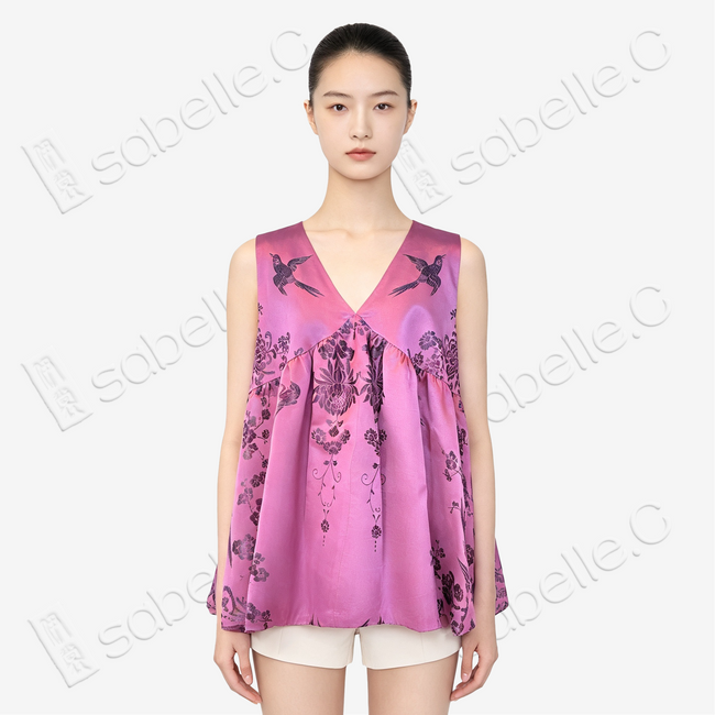 Vintage Silk‑Satin Bird‑Floral Top - 古董真絲老緞娃娃衫