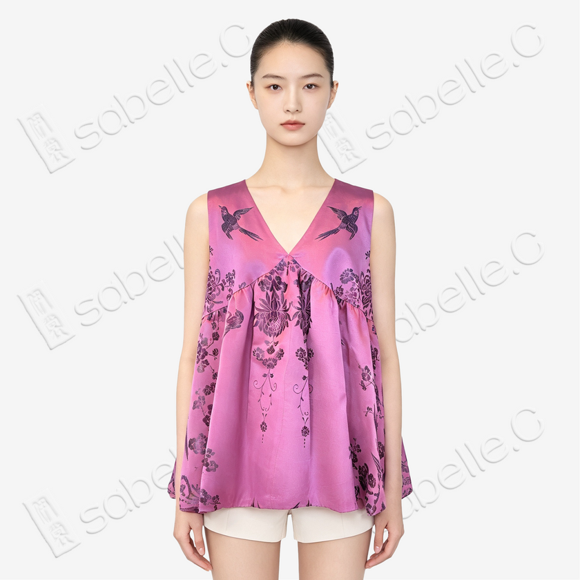 Vintage Silk‑Satin Bird‑Floral Top - 古董真絲老緞娃娃衫