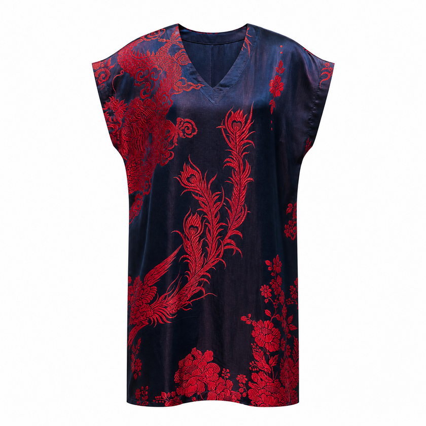 Navy Red Dragon Vintage Silk V-neck Tunic - 「墨藏丹翎」古董真絲中長款上衣