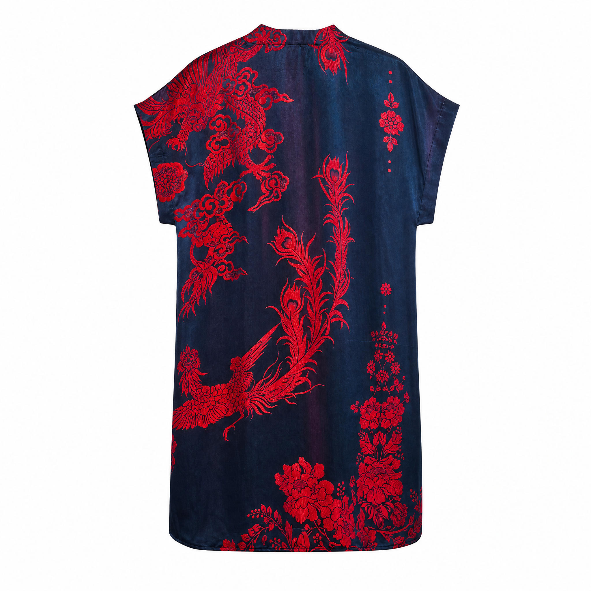 Navy Red Dragon Vintage Silk V-neck Tunic - 「墨藏丹翎」古董真絲中長款上衣